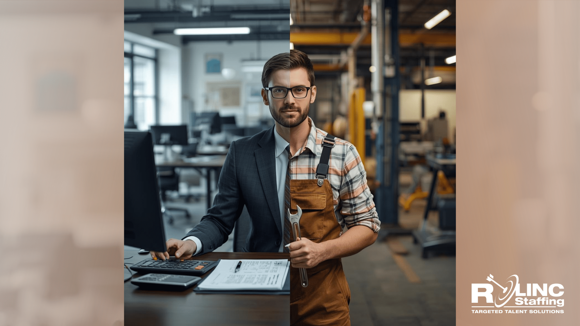 Professional in business attire reviewing blueprints alongside a skilled trades worker in a manufacturing facility, representing career transitions into the trades.